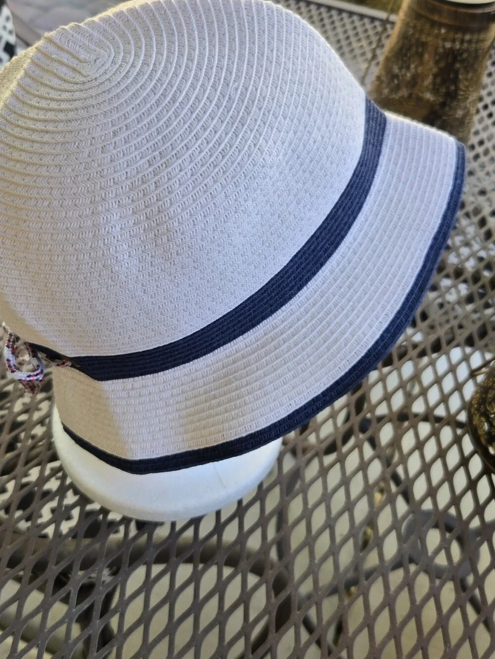 Sunny Dayz White and Navy Straw Cloche Hat
